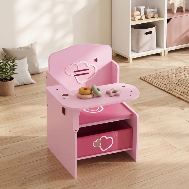AIYAPLAY Set Tavolo e Sedia per Bambini 3-5 Anni in Legno MDF con Motivi a Cuore, Contenitore Integrato, Rosa