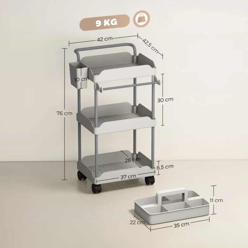 HOMCOM Carrito Auxiliar con Ruedas de 3 Niveles Carrito de Cocina con Cestas Extraíbles y Soporte para Toallas Gris