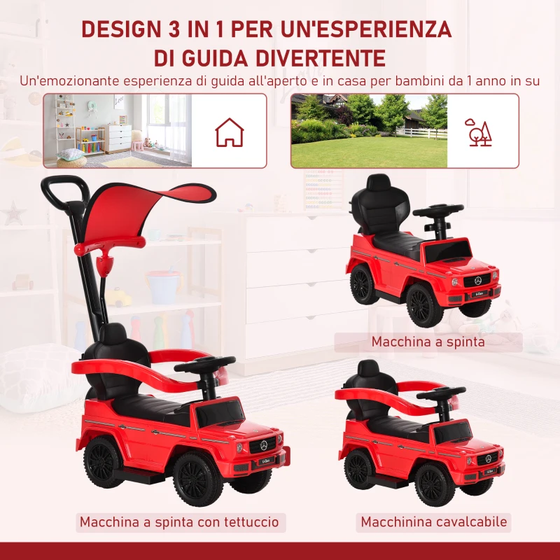 HOMCOM Macchina a Spinta per Bambini 12-36 Mesi con Licenza Mercedes, Tettuccio e Maniglia, 85.5x40.5x95 cm, Rosso