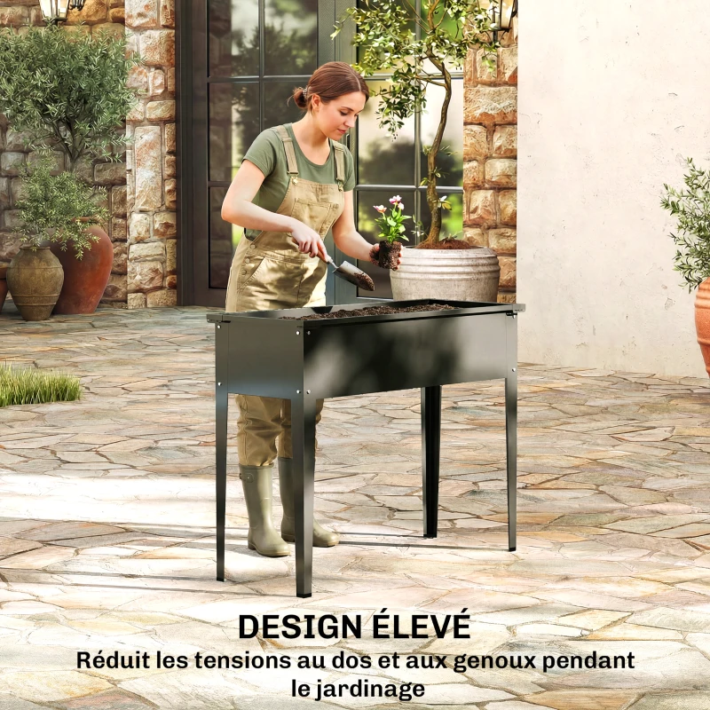 Outsunny Potager sur Pieds en Métal, Jardinière Surélevée 80L avec bords arrondis, Trou de Drainage, 100 x 40 x 80 cm, Noir