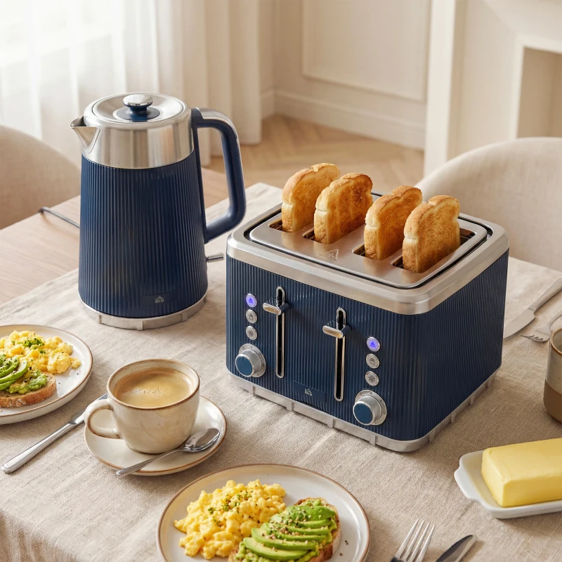 HOMCOM Electric Stainless Steel Kettle and Toaster Set, 3000W 1.7L UK Strix Thermostat Dark Blue