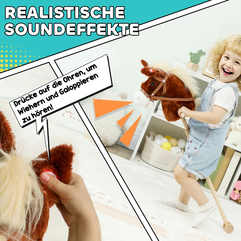 AIYAPLAY Steckenpferd Kinder Steckenpferde mit Sound, Griffe, Rolle, Stockpferd zum Reiten für Kinder 24+ Monate, Braun