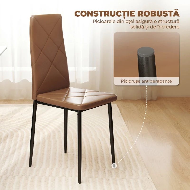 HOMCOM, Set de 6 Scaune de Dining Moderne, Cu Spătar Înalt, din Piele Ecologică și Oțel, 41x50x97 cm, Maro