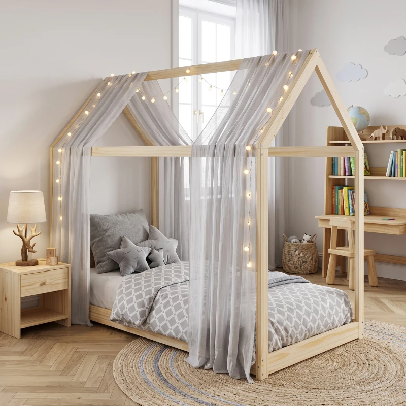HOMCOM Single Bed Frame, House Scandinavian Wooden Bed Frame for 90W x 190Dcm Mattress, Pine Wood Bed Base, Natural Wood Finish