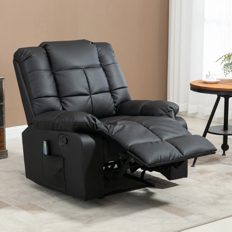 HOMCOM Sillón de Masaje Reclinable con 8 Puntos de Masaje Mando a Distancia Tapizado en PU Reposapiés Bolsillo Lateral Negro