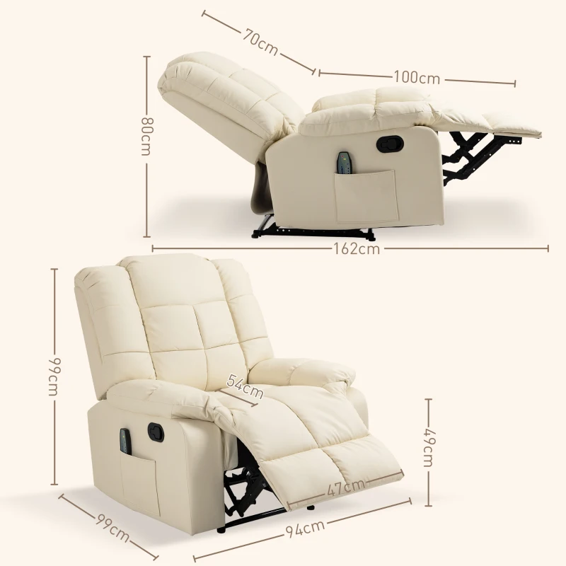 HOMCOM Sillón de Masaje Reclinable con 8 Puntos de Masaje Mando a Distancia Tapizado en PU Reposapiés Bolsillo Lateral Crema