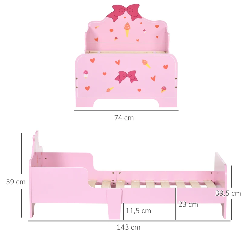 ZONEKIZ Letto per Bambini con Sponde e Fantasia a Fiocchi e Cuori, Età 3-6 Anni, 143x74x59cm, Rosa
