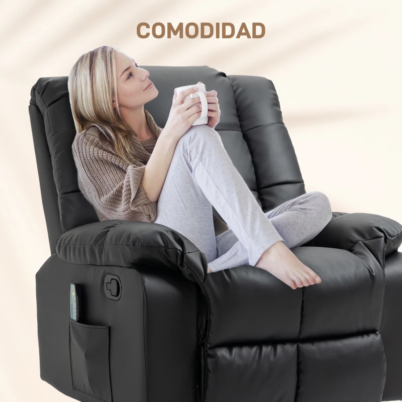 HOMCOM Sillón de Masaje Reclinable con 8 Puntos de Masaje Mando a Distancia Tapizado en PU Reposapiés Bolsillo Lateral Negro