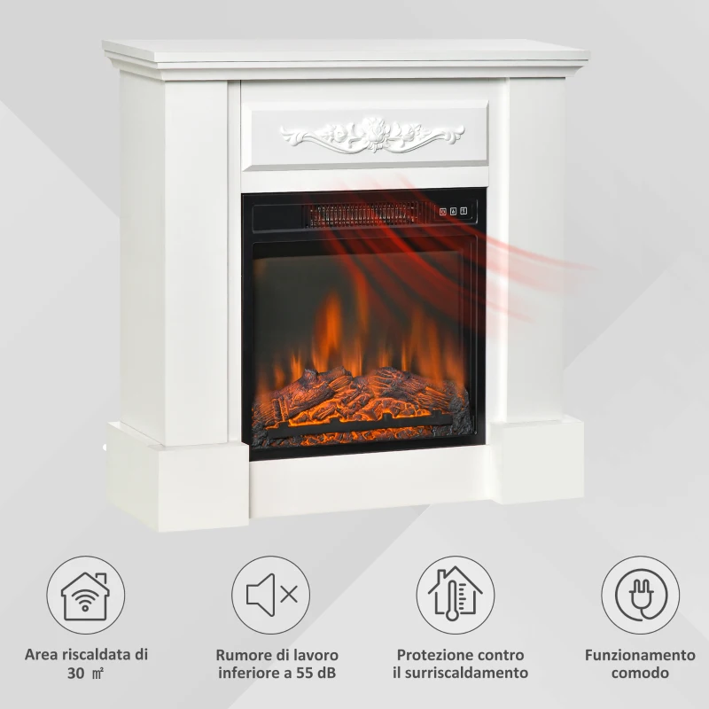 HOMCOM Camino Elettrico da Terra 1800W con Effetto Fiamma, Telecomando, Timer e Temperatura Regolabile, Bianco