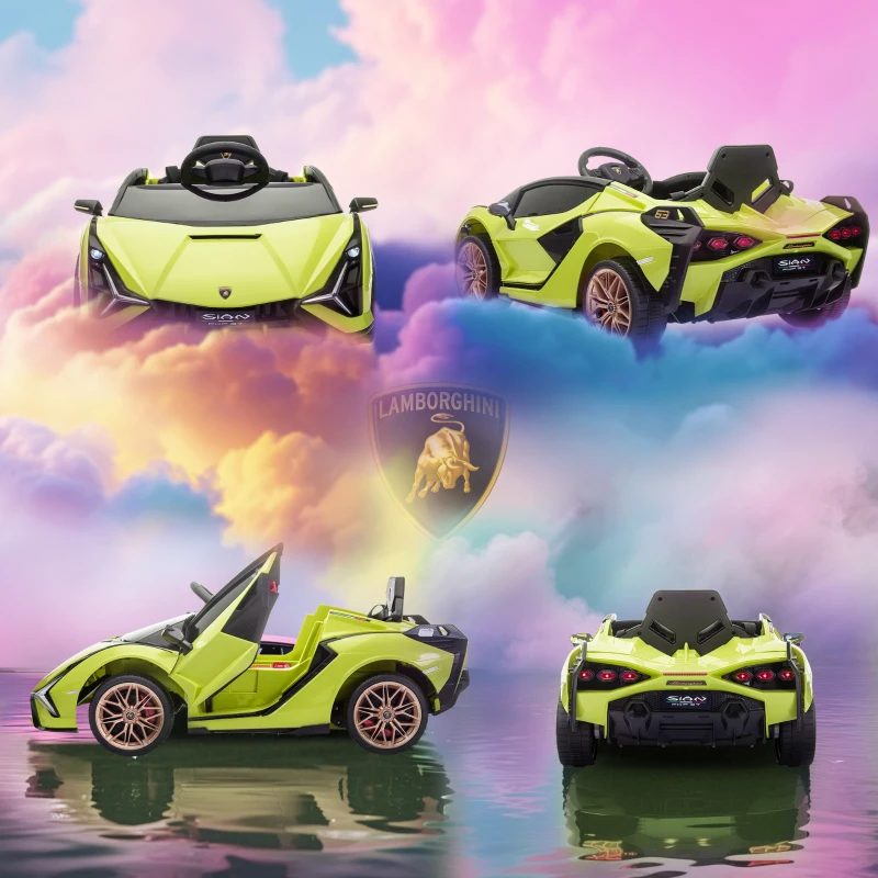 HOMCOM Coche Eléctrico para Niños de +3 Años Lamborghini SIAN Coche de Batería 12V con Mando a Distancia Apertura de Puerta Música MP3 USB y Faros 3-5 km/h 108x62x40 cm Verde