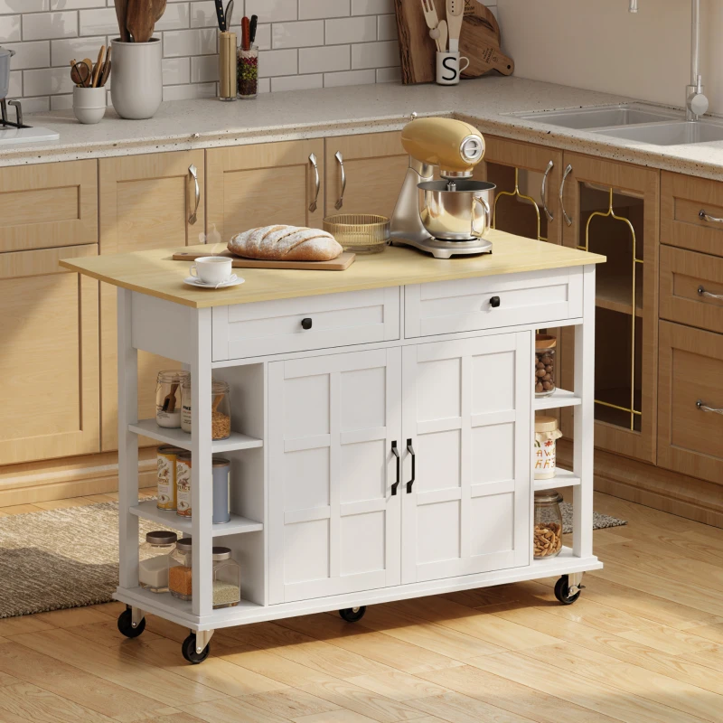 HOMCOM Ilha de Cozinha com Rodas Bancada Dobrável 2 Portas com Fecho Suave 2 Gavetas 6 Prateleiras Abertas 120x65x89 cm Branco