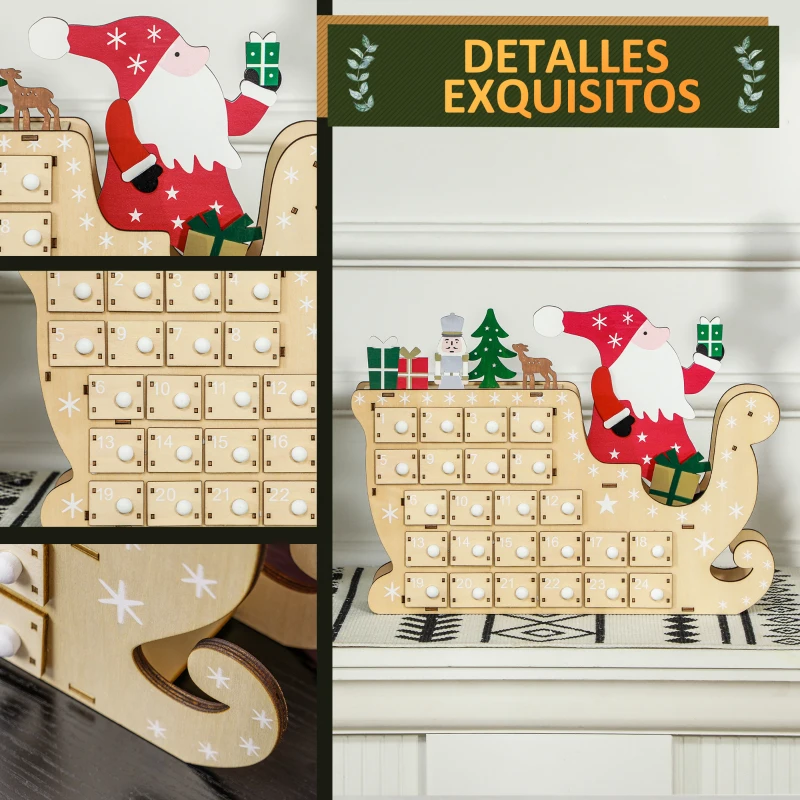 HOMCOM Calendario de Adviento de Madera con 24 Cajones Calendario de Navidad Reutilizable para Rellenar 22,5x8x36 cm Natural