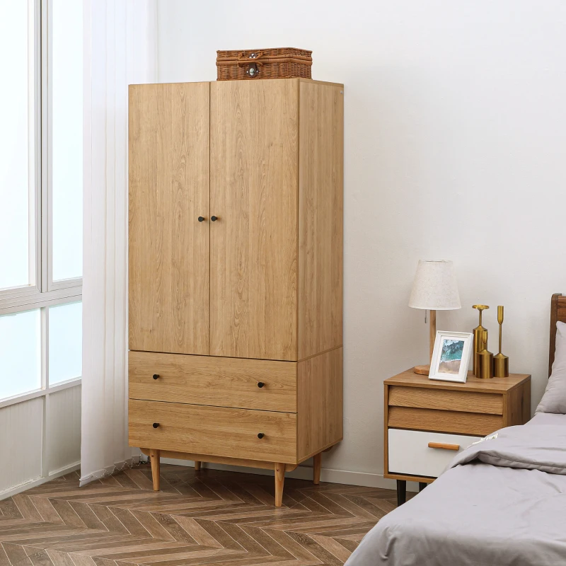 HOMCOM Armoire à vêtements armoire de rangement penderie avec 2 portes, 2 tiroirs et tringle - 80 x 52 x 180 cm - aspect bois