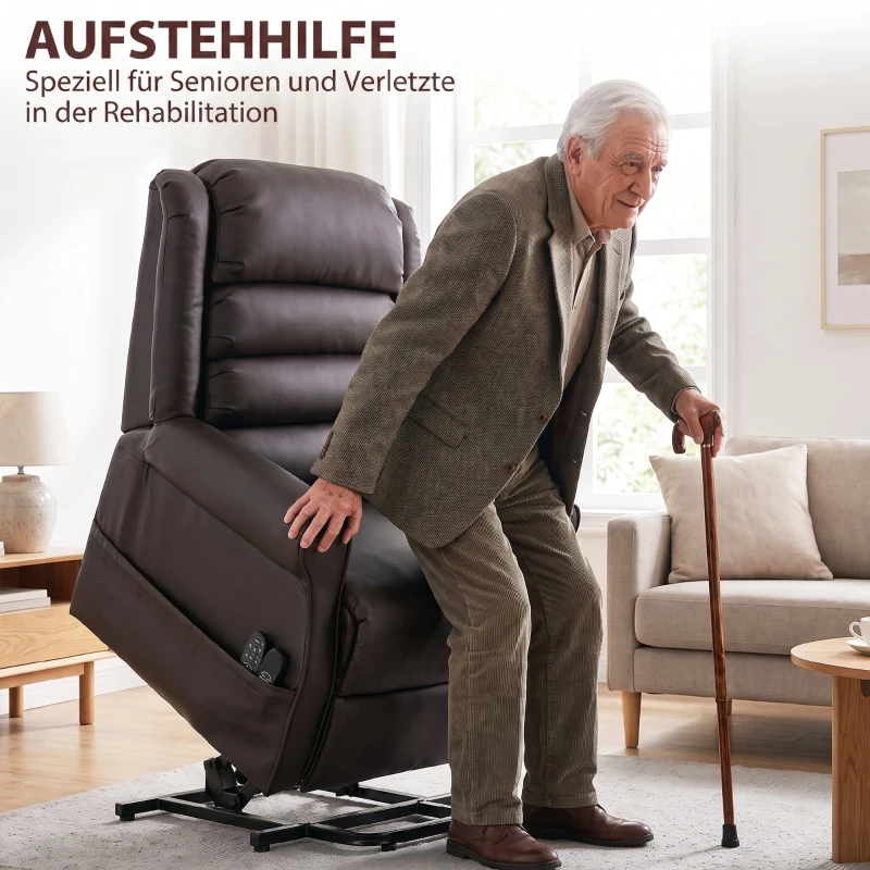 HOMCOM Elektrischer Aufstehsessel mit Vibrationsmassage und Wärmefunktion, Senioren-Sessel aus braunem PU-Leder