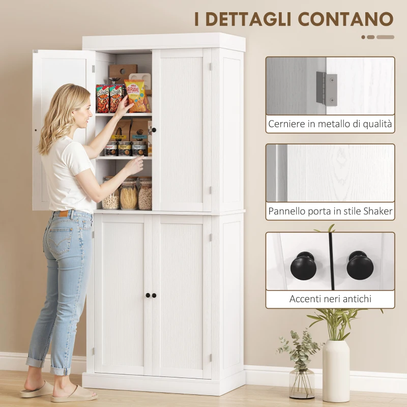 HOMCOM Mobile Cucina Alto con 6 Ripiani Regolabili e 2 Ante in Legno, 76x40.5x184 cm, Bianco