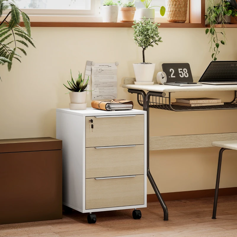 HOMCOM Schedario da Ufficio con 3 Cassetti, 4 Ruote, Cassettiera Ufficio con Serratura e 2 Chiavi, Bianco e Rovere