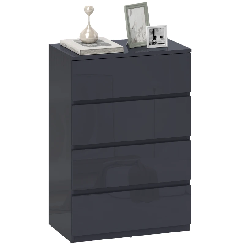 HOMCOM Commode 4 tiroirs, meuble de rangement à haute brillance, fermeture douce et silencieuse, 55 x 34 x 80 cm, gris
