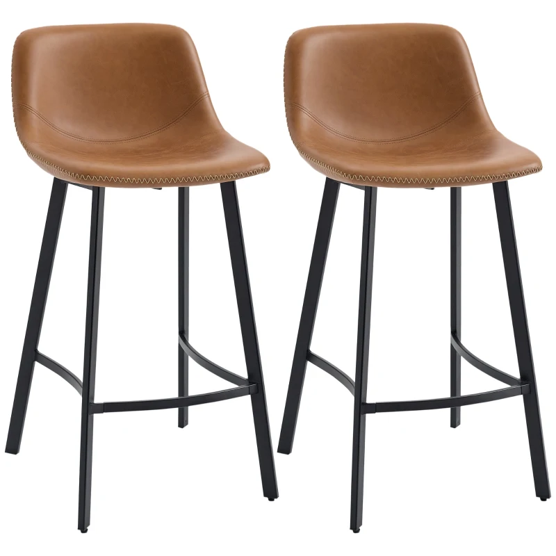 HOMCOM Bar Stools Set of 2 - Industrial Kitchen Stool, Upholstered Bar Chairs with Back, Steel Legs, Brown(m-11)