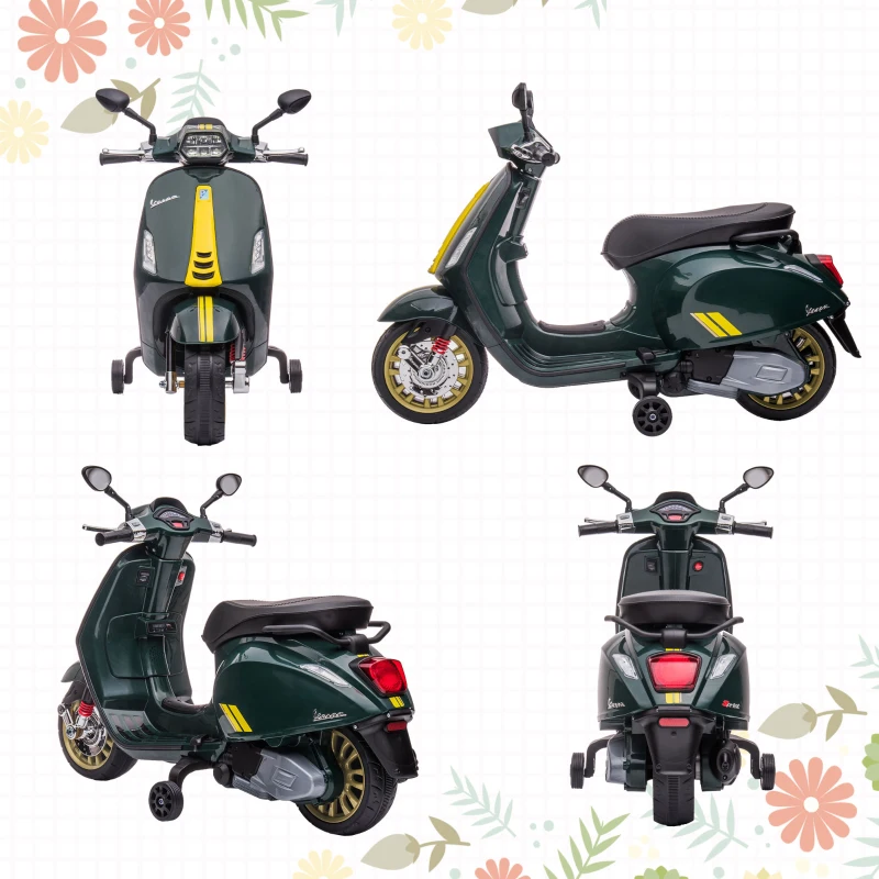 AIYAPLAY Scooter électrique enfant Vespa 6 V dim. 107L x 47l x 73H cm Musique MP3 Port USB Phare 2 roues d'entraînement - Vert
