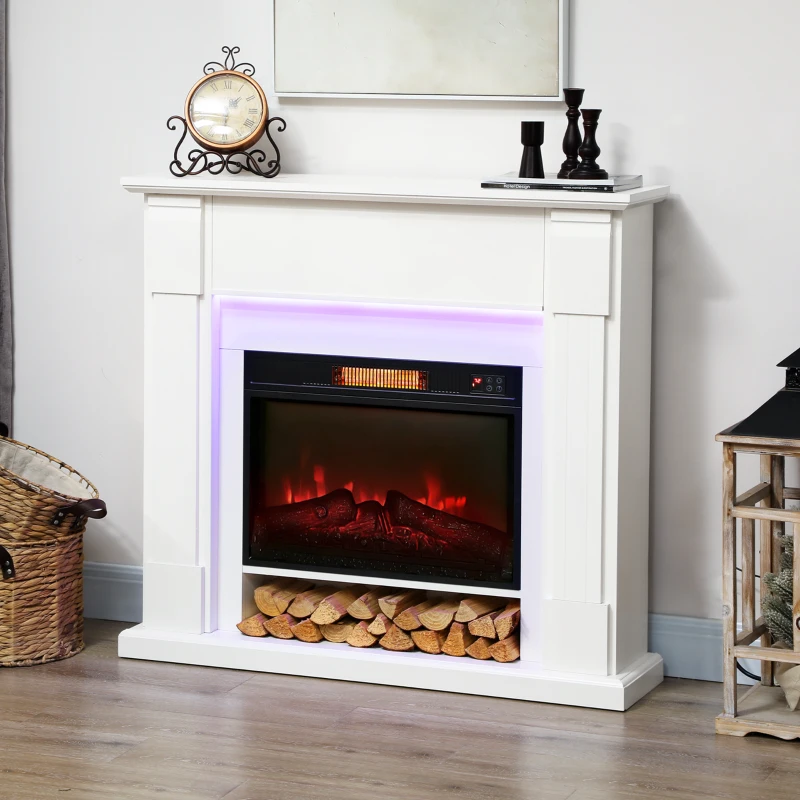 HOMCOM Chimenea Eléctrica Empotrable con Efecto de Llama 3D Tira de Luz LED RGB 1800W Temporizador Termostato Blanco