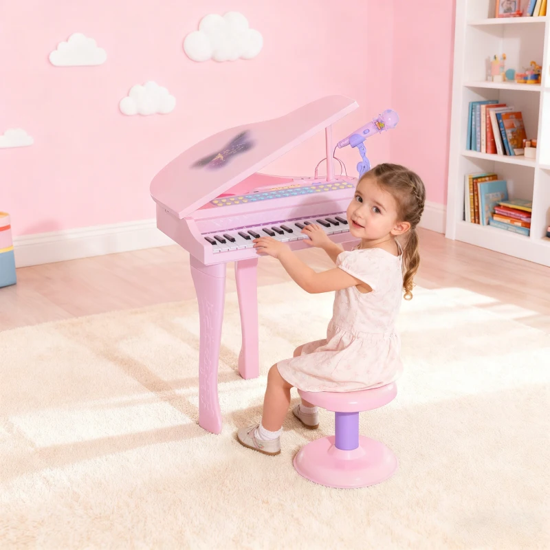 HOMCOM Keyboard Kinder mit 37 Tasten, Hocker Klavier mit Mikrofon, LED-Lehrmodus, Aufnahme, Piano Musikinstrument für 3-6 Jahre Kinder Rosa