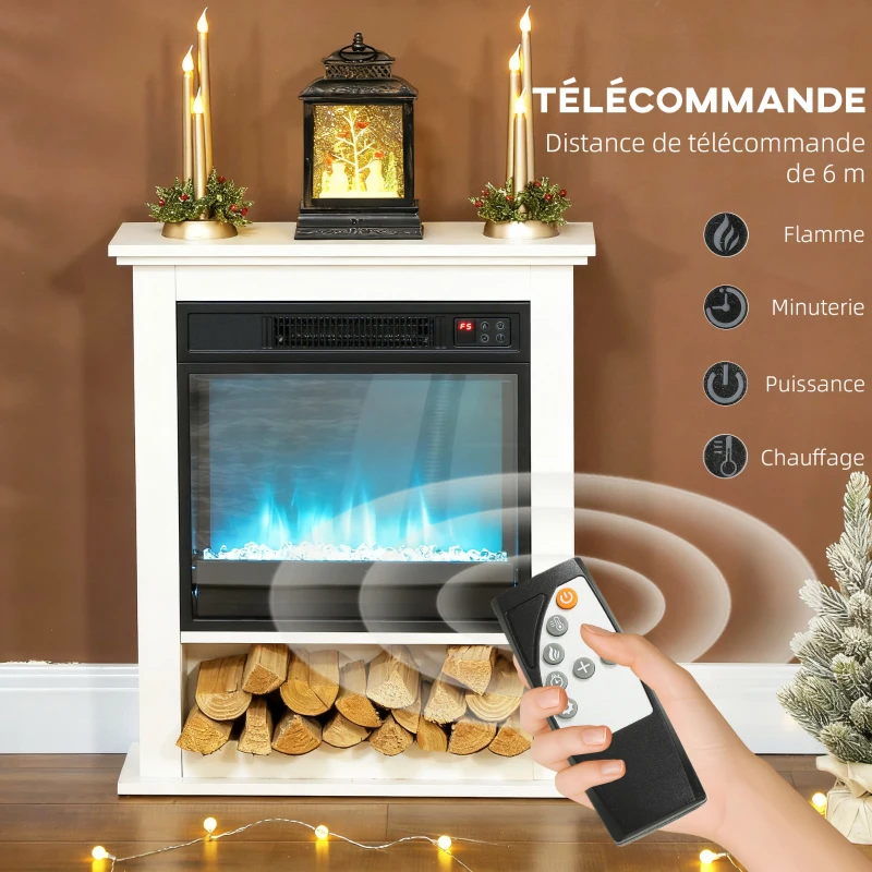 HOMCOM Cheminée électrique 1800W, fausse cheminée décorative, effet flamme à 9 couleurs et 5 luminosité, 62,5x20x72,5cm, blanc
