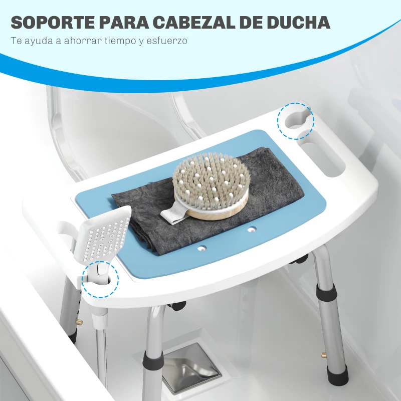 HOMCOM Silla Ducha Personas Mayores con Respaldo Altura Ajustable en 6 Posiciones Carga 136 kg para Ancianos y Discapacitados