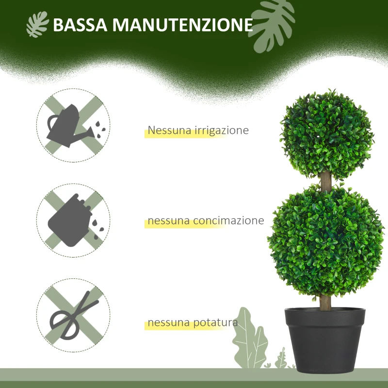 HOMCOM Set da 2 Piante di Bosso a 2 Sfere Realistiche con Vaso incluso, a Fondo Rinforzato ed Erba, 60 cm