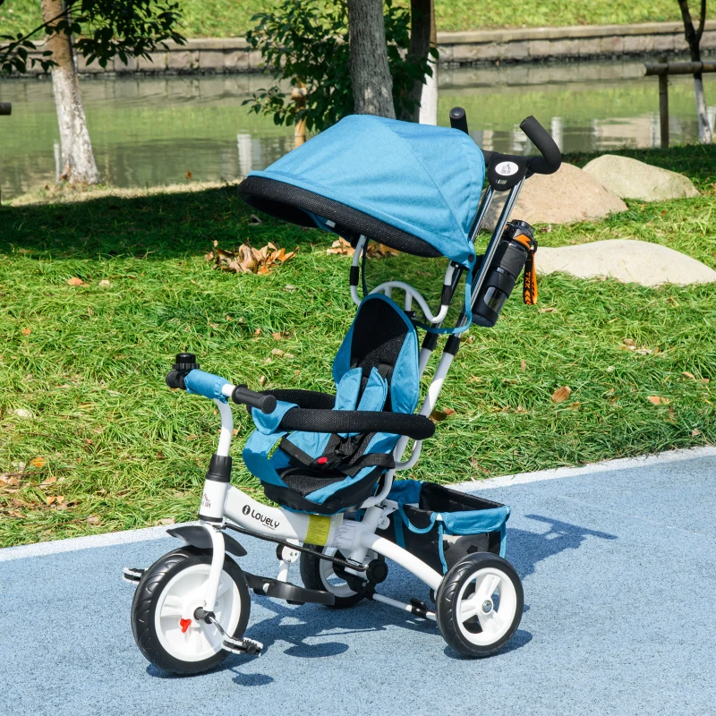 HOMCOM Triciclo per Bambini con Maniglione 6 in 1, Tettuccio Regolabile e Cintura di Sicurezza, Età 1-5 Anni, Blu