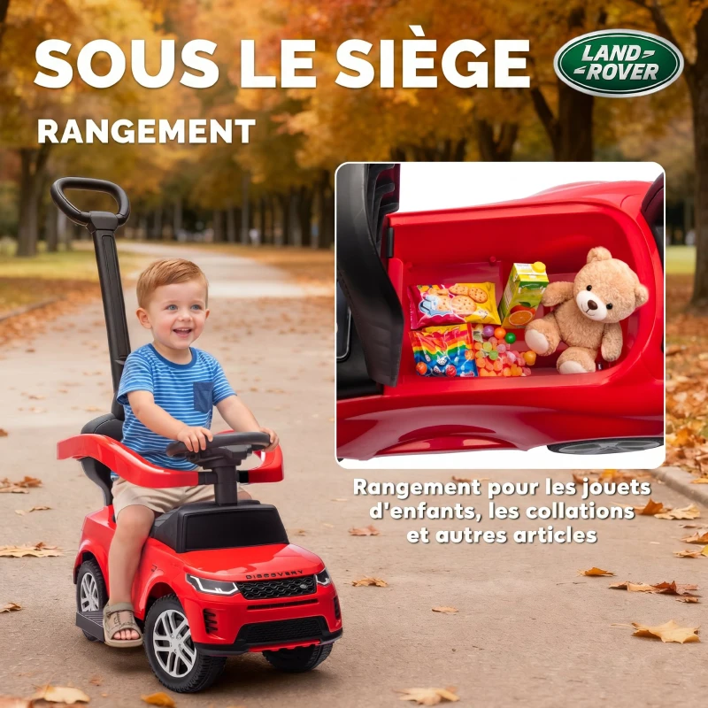 AIYAPLAY Porteur enfants Land Rover Discovery sous licence, porteur voiture à pousser avec poignée amovible, 84x40x94,5cm, rouge