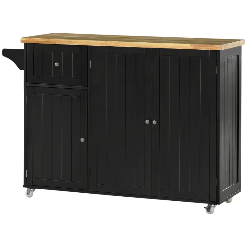 HOMCOM Isla de Cocina con Ruedas Carro de Cocina con Cajón Armarios con Estantes y Barra para Colgar 135x45x94,5cm Negro