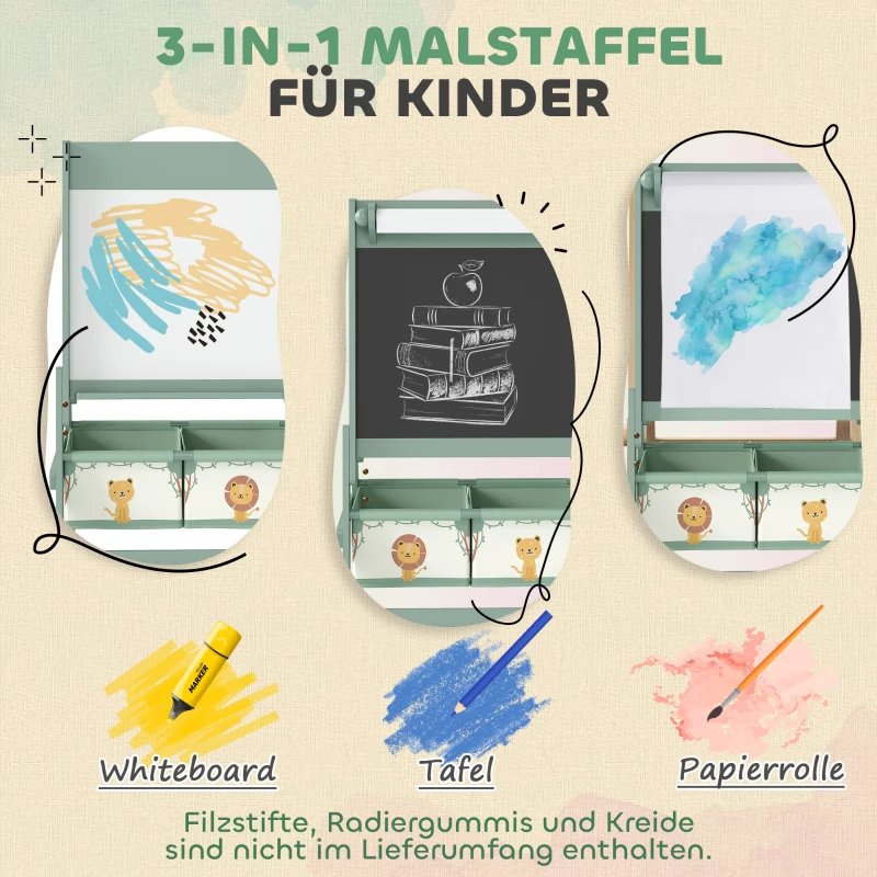 AIYAPLAY Kinder Staffelei 3 in 1 Kindertafel mit Kreidetafel, Whiteboard, Papierrolle, 2 Aufbewahrungsboxen, für 3-8 Jahre Grün