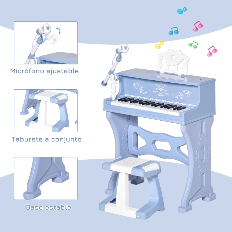 HOMCOM Piano Electrónico Infantil de 37 Teclas Juego de Piano con Modelo Pedagógico Micrófono Taburete Luces y 22 Canciones USB/MP3/Bluetooth Karaoke 53,5x27x63 cm Azul