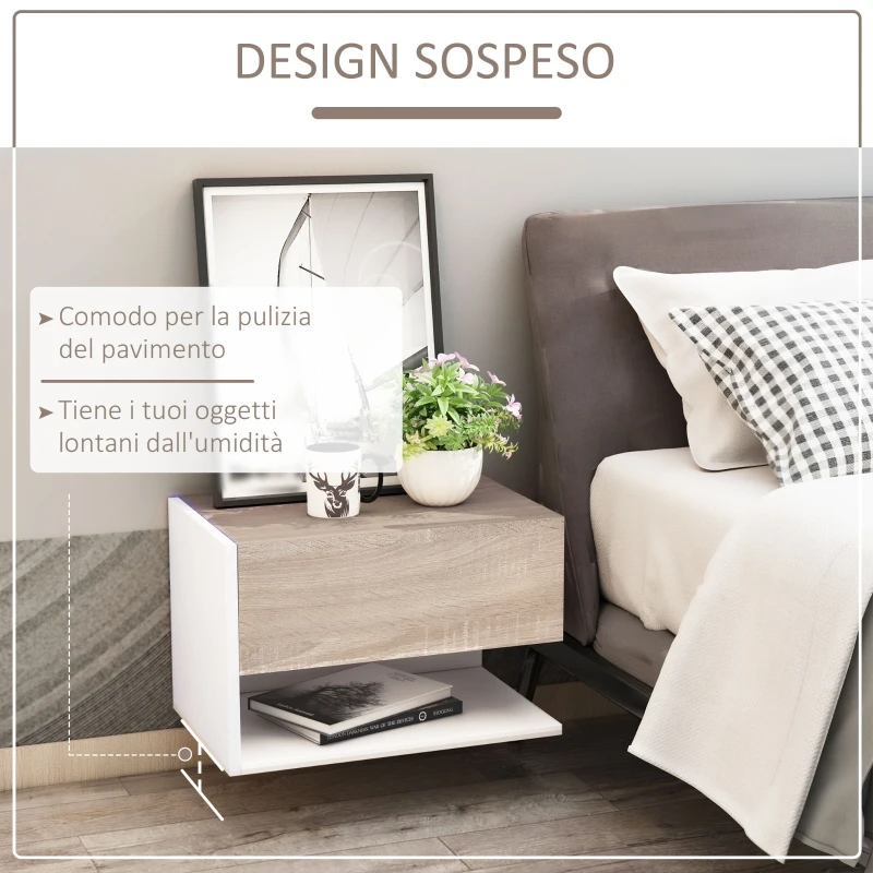 HOMCOM Set 2 Comodini Sospesi a Parete con Cassetto e Mensola Bianco e Rovere