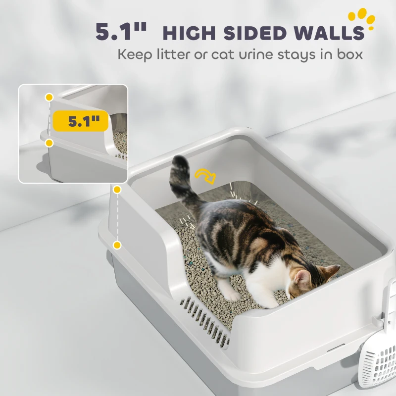 PawHut Stainless Steel Litter Box with Detachable Rim, Scoop, Easy Cleaning, Odour-Resistant, 60 x 40 x 28 cm