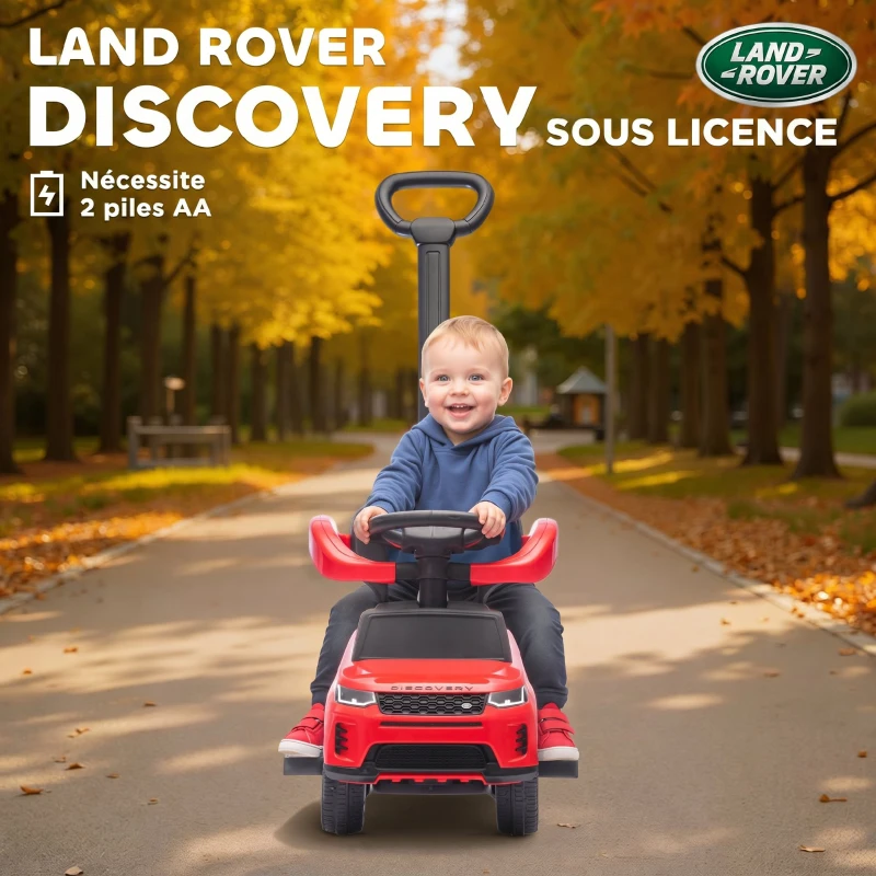 AIYAPLAY Porteur enfants Land Rover Discovery sous licence, porteur voiture à pousser avec poignée amovible, 84x40x94,5cm, rouge