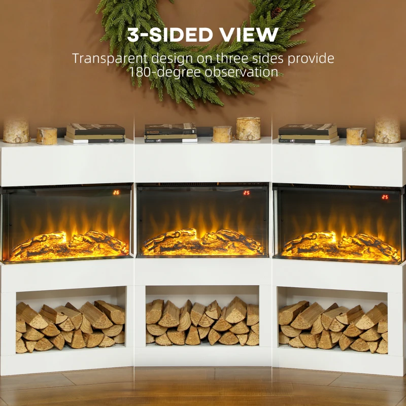 HOMCOM 19" Electric Fireplace with Surround, 3D Flame Effect, 6 Colours & 3 Brightness Levels, 1000W/2000W White Electric Fire and Mantel Reach up to 30㎡ Space with Remote & Timer, 3 Sided View