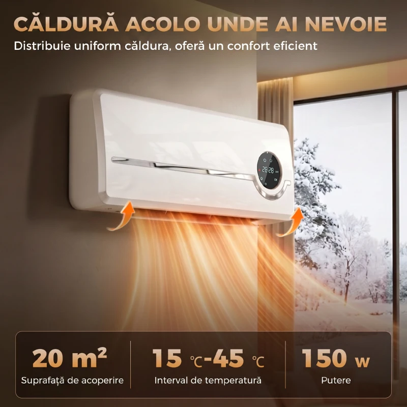 HOMCOM Aerotermă Ceramică 2000W de Perete cu 3 Moduri, Temperatură Reglabilă, Temporizator, Telecomandă, Blocare pentru Copii, Alb