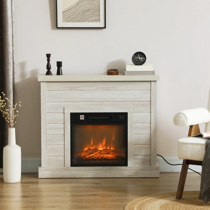 HOMCOM Chimenea Eléctrica 1800W con Efecto de Llama Mando a Distancia Temporizador Semanal para Sala 30 m² Madera Clara