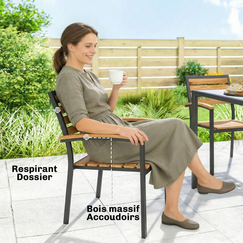 Outsunny Lot de 2 Chaises de Jardin Empilables en Acier, Accoudoir Assise et Dossier en Bois Massif à Lattes, 56x59x84cm, Naturel