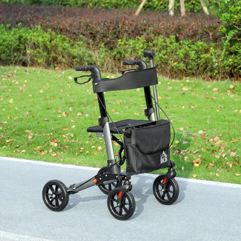 HOMCOM Rollator Walker with Seat, Compact Quick Folding Mobility Walker with 8" Wheels, Carry Bag, Adjustable Height, Cane Holder and Lightweight Aluminium Frame for Seniors and Disabled, Silver