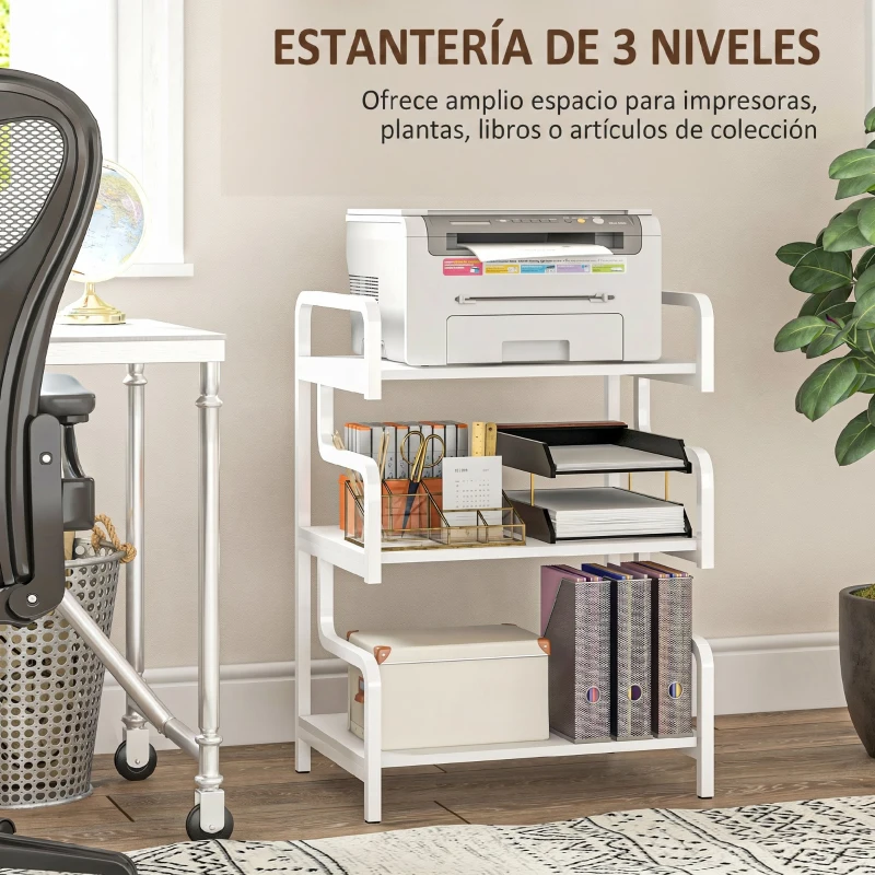 HOMCOM Soporte para Impresora de 3 Niveles con Marco Acero Estantería de Almacenamiento para Oficina Casa 55x40x77 cm Blanco