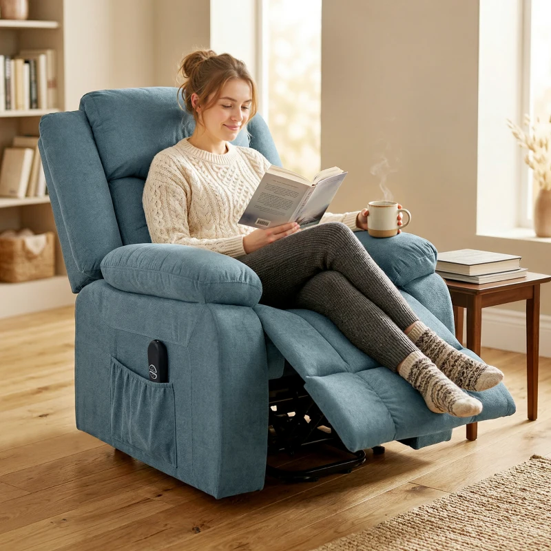 HOMCOM Sillón Relax Reclinable Eléctrico Levanta Personas con Mando a Distancia y Bolsillos Laterales Sillón Elevador Azul