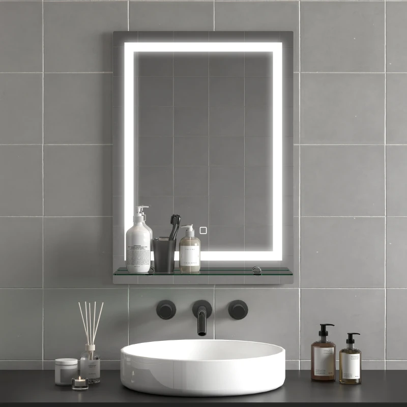 kleankin Specchio per Bagno a Luci LED a 3 Colori Regolabili con Mensola in Vetro, 50x12x70 cm, Argento