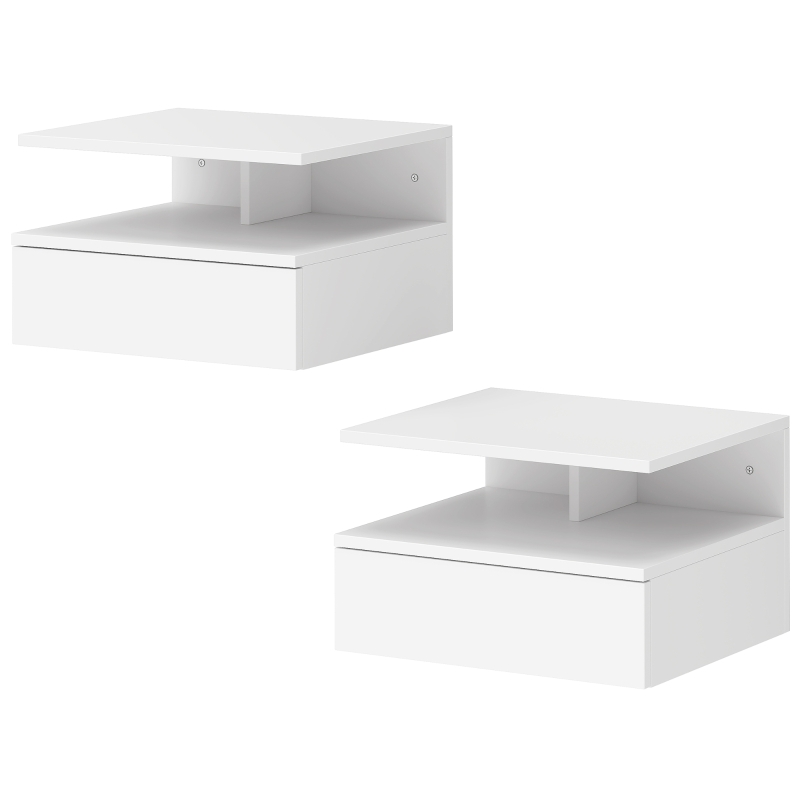 HOMCOM Set di 2 Comodini Sospesi con Cassetto e Mensola Aperta, 35x32x22.5 cm, Bianco