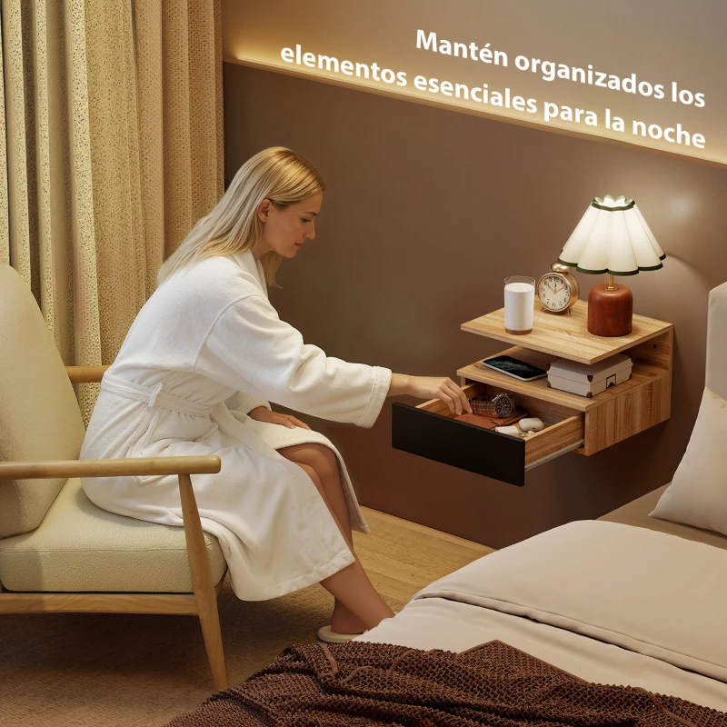 HOMCOM Juego de 2 Mesitas de Noche Flotantes, Mesillas de Noche Dormitorio con Cajón, Estante Abierto, Ahorra Espacio, Diseño Moderno, para Sala de Estar, 35x32x22,5 cm, Roble y Negro