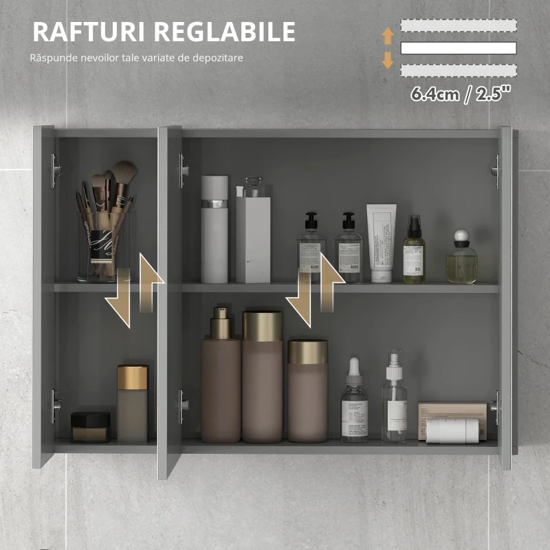 kleankin Dulap de baie suspendat cu 3 uși oglindă și polițe reglabile din MDF Gri dim. 90L x 15l x 60H cm