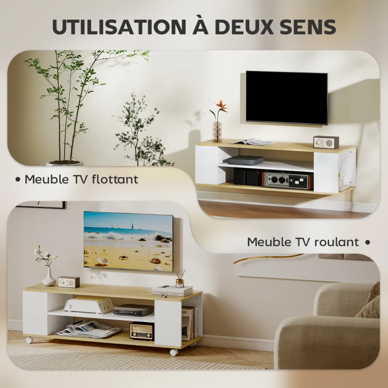 HOMCOM Meuble TV avec roulettes 120 cm, meuble télé pour téléviseur jusqu'à 55 pouces, 2 étagères ouvertes, blanc et naturel
