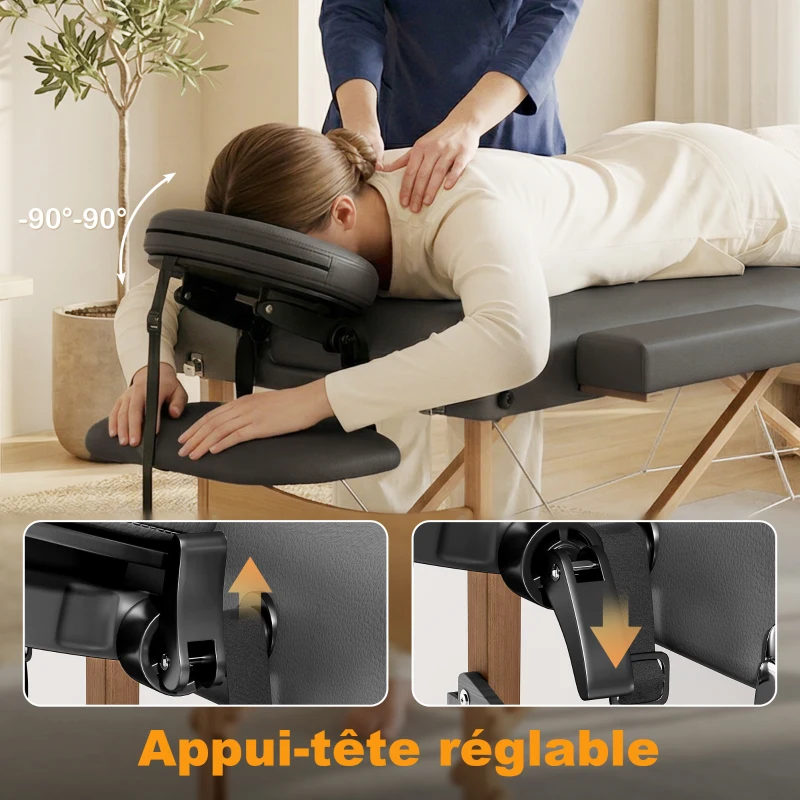 HOMCOM Table de massage pliante, lit de massage 3 zones portable 185 x 60 cm, hauteur et dossier réglables, appui-tête, gris