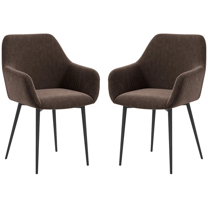 HOMCOM Set 2 Scaune de Dining Nordice Tapițate cu Brațe Curbate din Țesătură cu Efect de Catifea, 54x57x80 cm, Maro